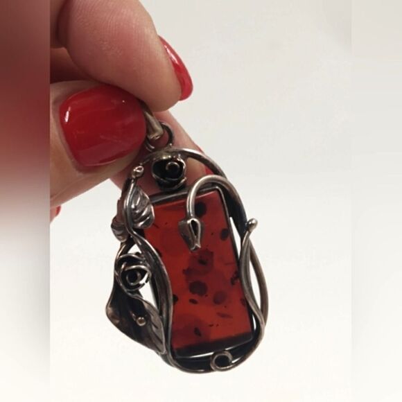 Baltic Amber Sterling Silver Art Nouveau Floral Pendant Vintage - Picture 9 of 16